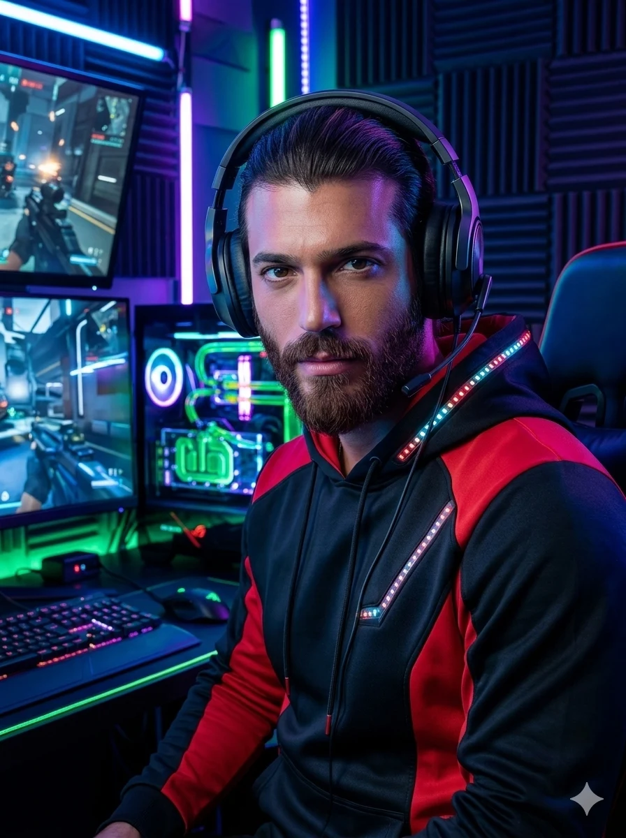 AI image of a boy in neon RGB gaming room wearing headphones, cyberpunk style, Gemini AI and ChatGPT