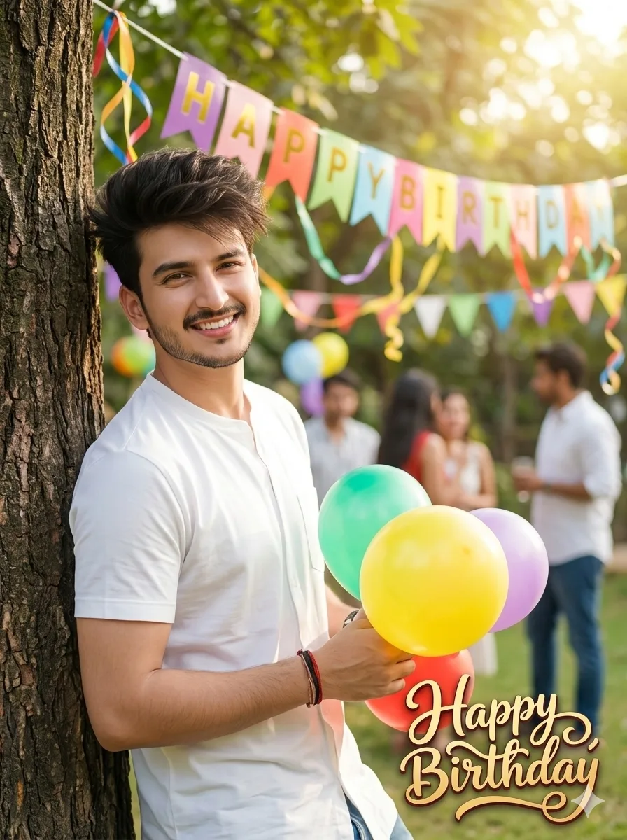 Outdoor birthday celebration AI portrait with balloons and decorations