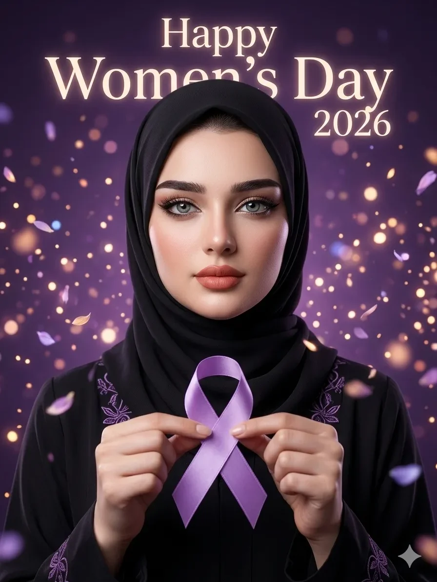 purple-ribbon-womens-day-ai-portrait Empowerment AI portrait with purple ribbon for Women’s Day celebration