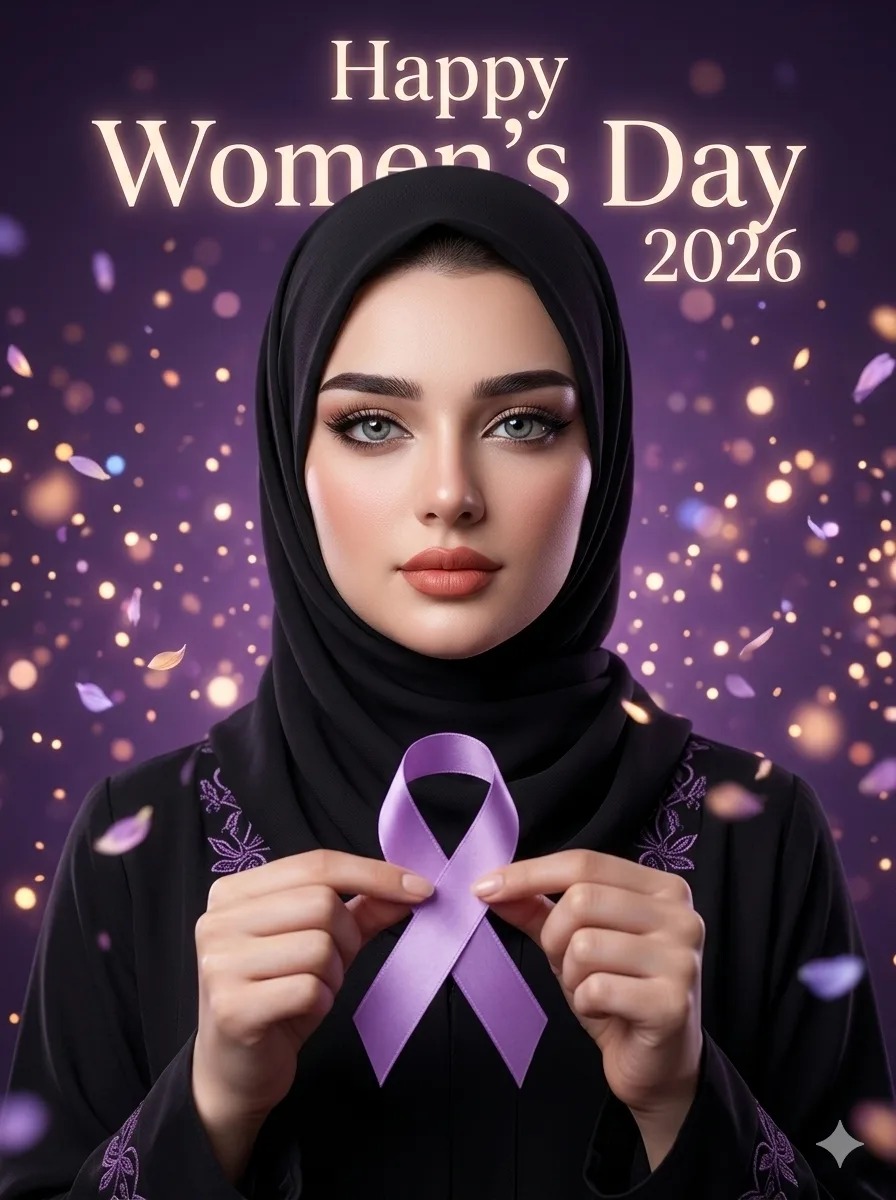 Empowerment AI portrait with purple ribbon for Women’s Day celebration