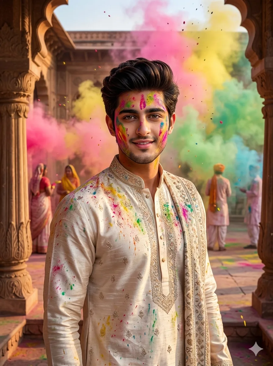Ultra-realistic royal-style Holi portrait of a man with FACE-LOCK, elegant traditional kurta with rich colors, confident royal stance, soft composed smile, heritage architecture and colorful smoke in background, warm cinematic lighting