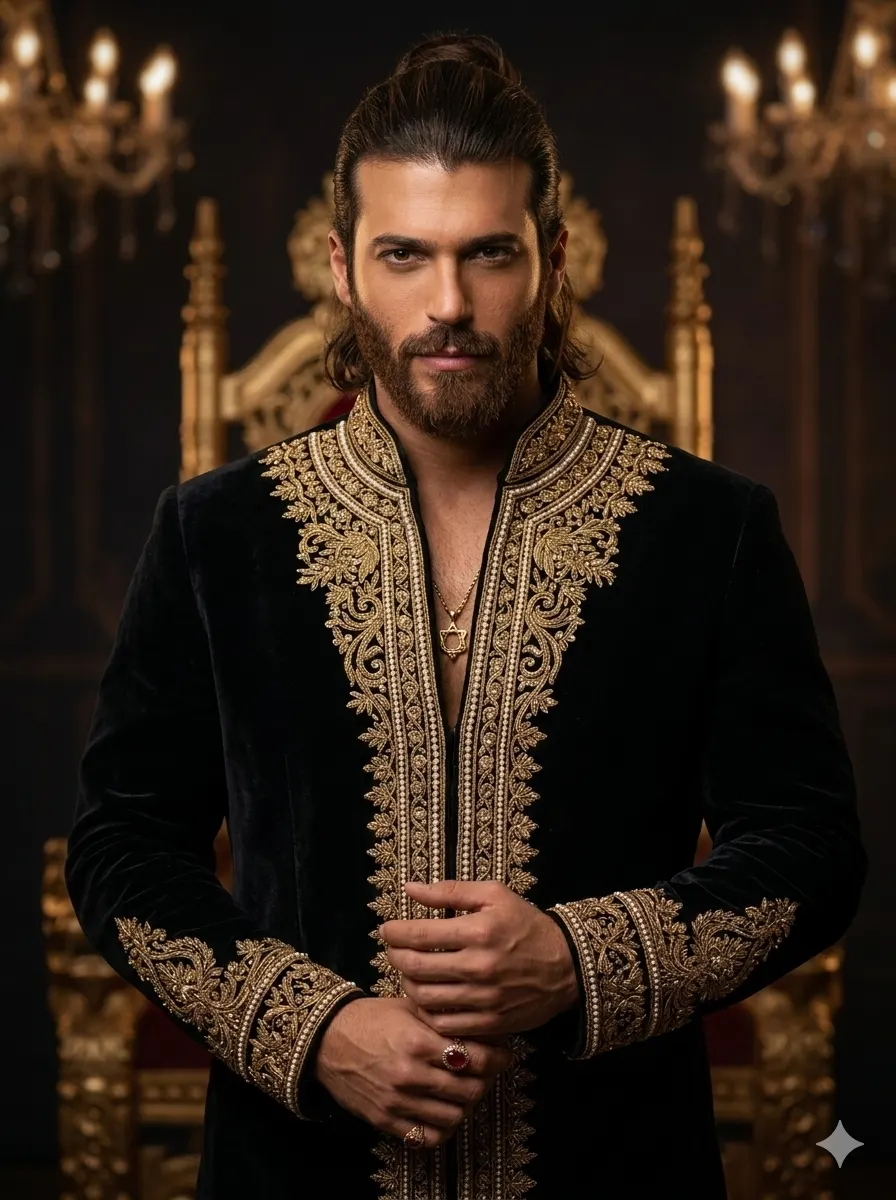 Ultra-realistic AI portrait of a boy in royal black and gold outfit, cinematic lighting, Gemini AI and ChatGPT