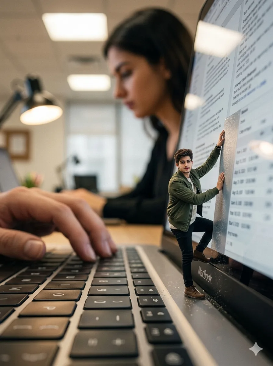 Tiny man climbing a giant laptop screen while someone types on the keyboard, creative tiny man in giant world AI scene