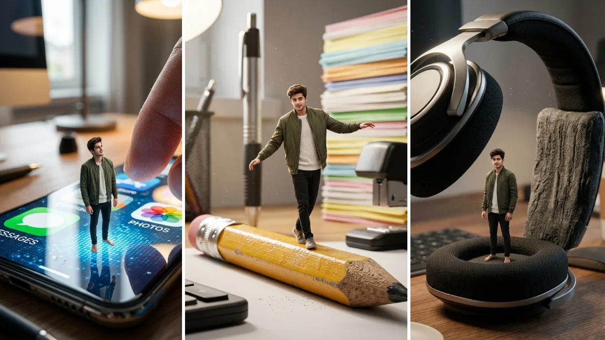 Tiny man standing on giant everyday objects like smartphone, pencil, and headphones, creative tiny man giant world AI photo editing prompt scene