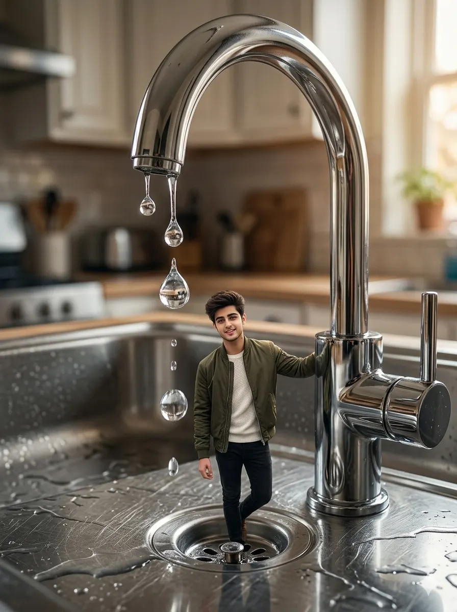 Tiny man standing inside a giant kitchen sink under dripping water faucet, surreal tiny man AI photo editing scene