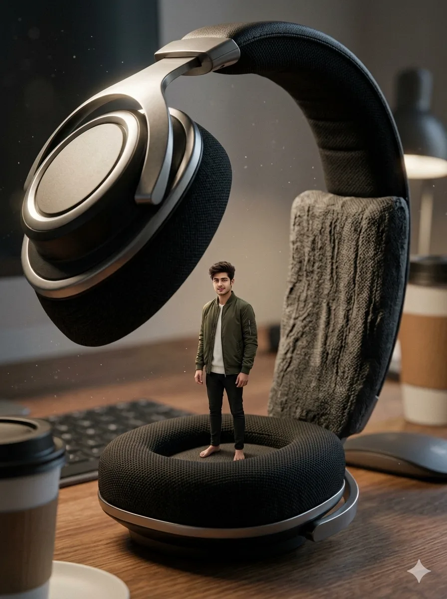 Tiny man standing on a giant headphone speaker on a desk, surreal tiny man in giant world AI photo editing scene