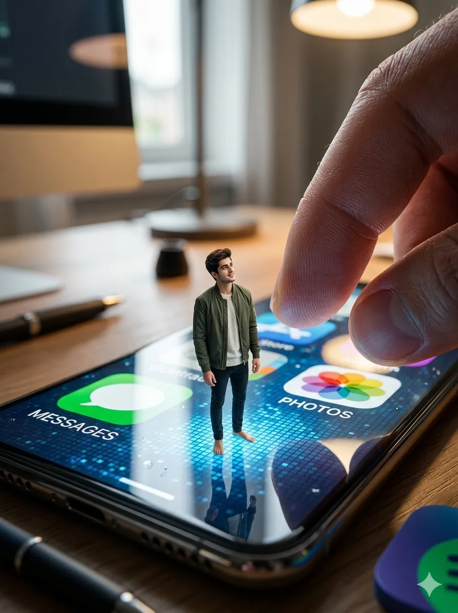 Tiny man standing on a giant smartphone screen with huge app icons and fingers above, surreal tiny man in giant world AI photo editing scene