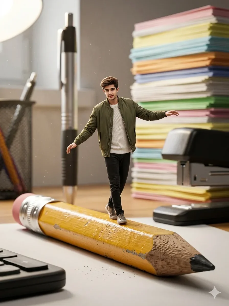 tiny-man-walking-on-giant-pencil-ai-photo-prompt Tiny man walking on a giant pencil on a desk, hyper-realistic tiny man in giant world AI photo editing scene