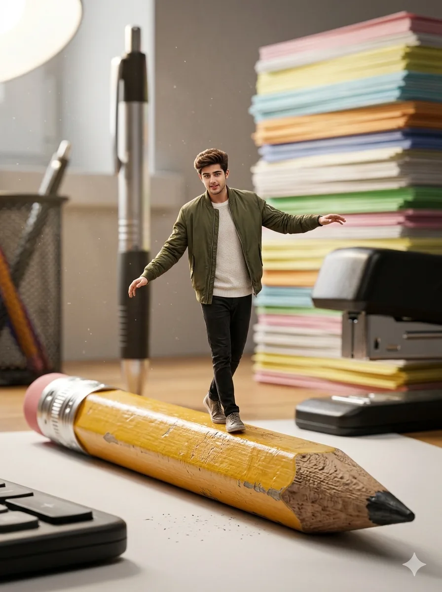 Tiny man walking on a giant pencil on a desk, hyper-realistic tiny man in giant world AI photo editing scene