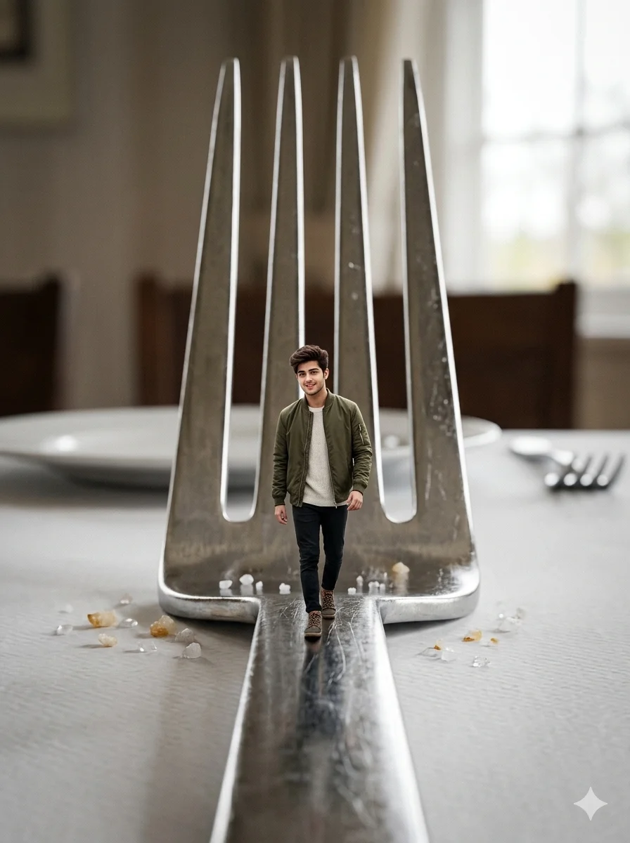 Tiny man walking along a giant table fork on a dining table, creative tiny man in giant world AI photo editing scene