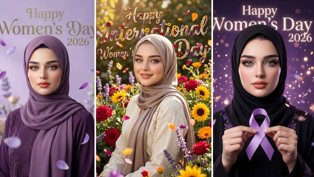 Women’s Day AI photo featuring elegant purple, flower celebration, and purple ribbon empowerment portraits created with Gemini AI