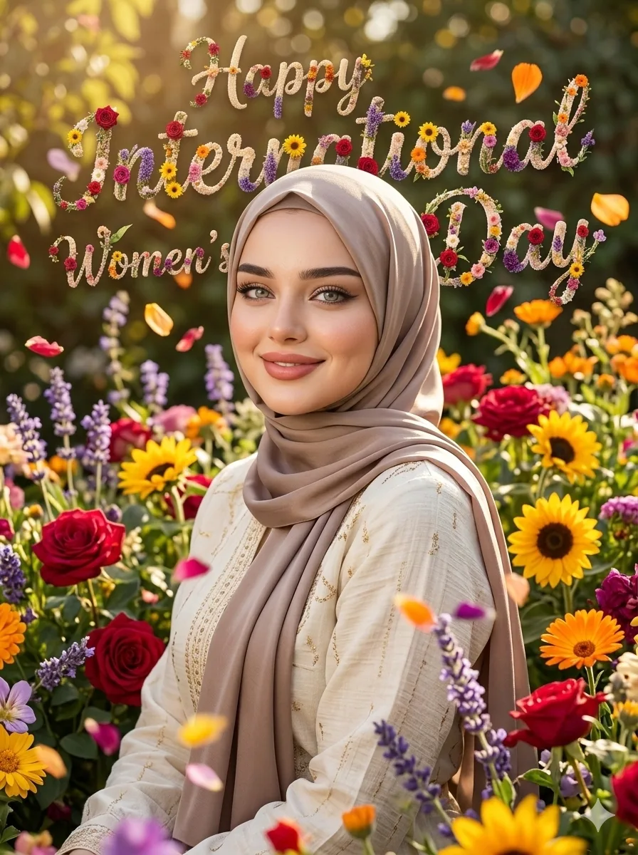 AI portrait of a woman surrounded by flowers with Happy International Women’s Day text
